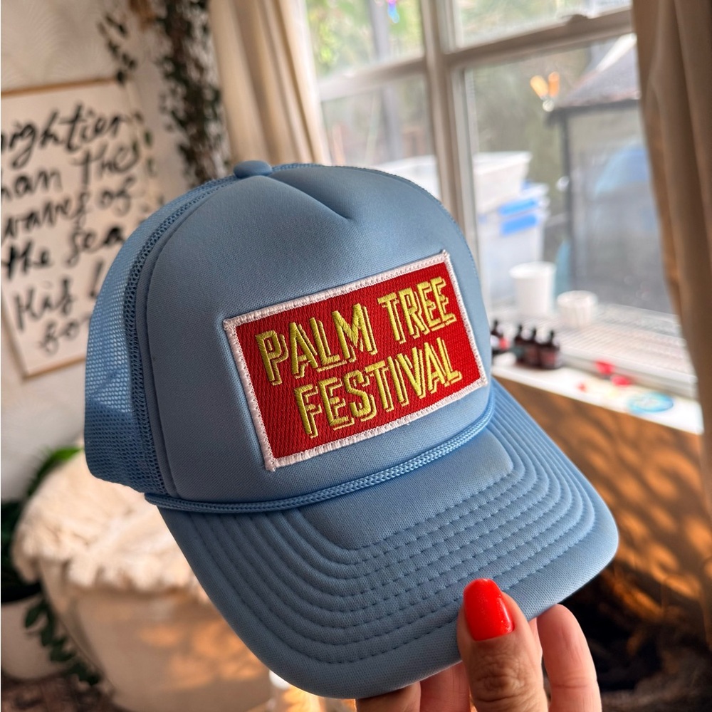 Palm Tree Festival Light Blue Trucker Hat